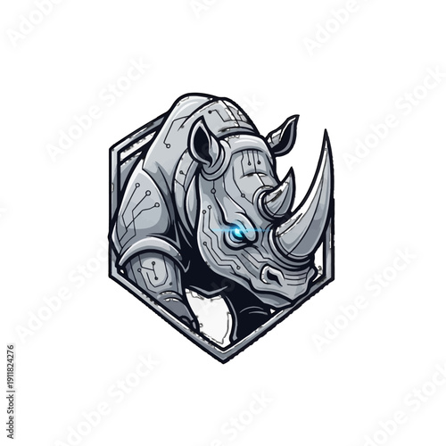 Futuristic Geometric Cyber Rhino Head in Hexagon Frame on Isolated White Background