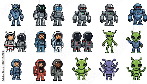 Collection of pixel art sprites featuring diverse astronauts robots and various alien creatures ready for retro space game development