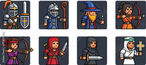 Collection of eight distinct pixel art medieval fantasy hero characters including knights archers wizards and various melee fighters suitable for gaming