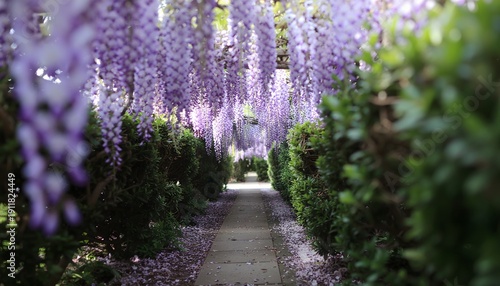 Wisteria flower tunnel over stone garden path high resolution picture