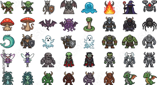 Collection of forty distinct pixel art fantasy role playing game sprites featuring monsters goblins skeletons fairies orcs wizards and various mythical creatures
