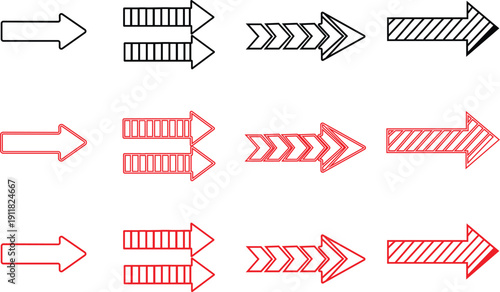 Assortment of black and red arrow with different fill patterns and styles