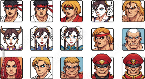 Collection of distinct pixel art character portraits featuring iconic fighting game protagonists and antagonists displayed in a grid format