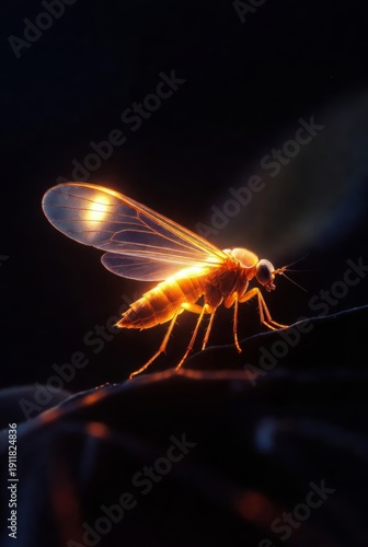 Close-up of illuminated insect with translucent wings on dark background