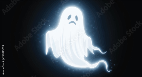 Glowing ethereal white cartoon ghost with a sad face floats mysteriously against a dark background surrounded by sparkling magical dust particles