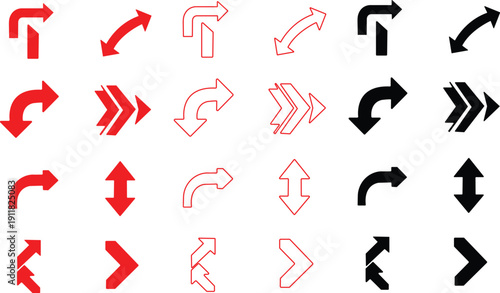 Diverse set of red black and white arrows showing various directional changes and styles