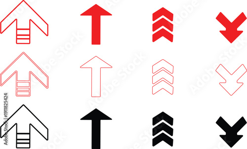 Set of red and black arrows indicating upward and downward movement with distinct styles