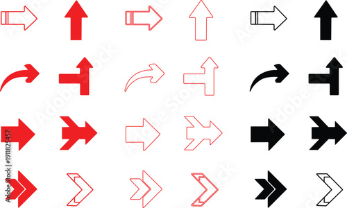 Group of red black and white arrow symbols with straight and curved paths and T-junctions