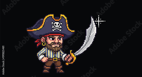 Ferocious pixel art pirate character with a detailed beard and imposing cutlass stands ready for adventure on the high seas.