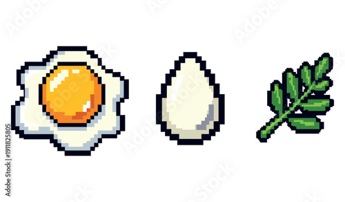 Pixel art breakfast ingredients: fried egg, rice ball, herb leaf
