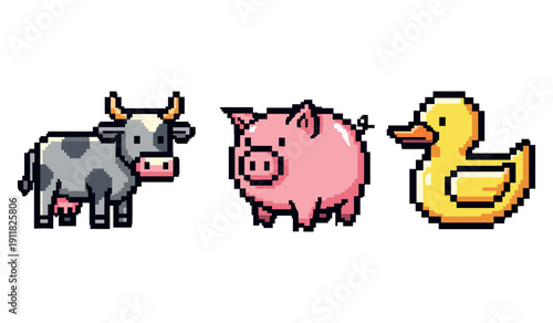 Pixel art animals: cow, pig, and duck in retro style