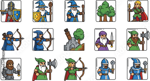 Collection of stylized cartoon fantasy role playing game unit icons featuring warriors mages archers and dwarves for strategy