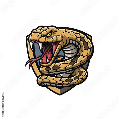 Aggressive snake head mascot with open mouth, visible fangs, and flickering tongue, isolated white background.