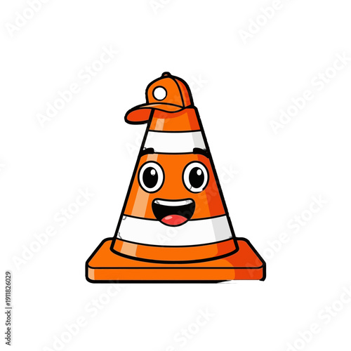 Adorable cartoon traffic cone character with wide happy eyes and a big smile, wearing a cap, isolated white background.