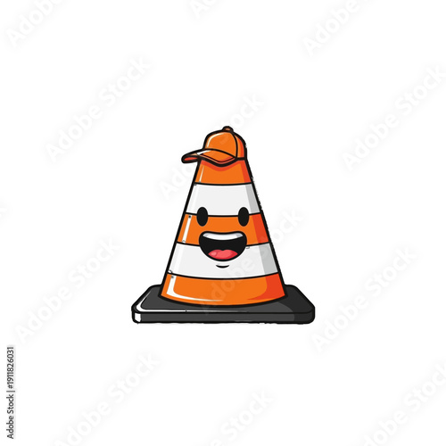 Cheerful cartoon traffic cone character with a happy smiling face and cap, isolated white background.