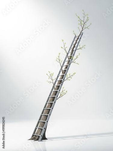 Conceptual surreal illustration of business growth, ladder evolving into tree symbolizing progress