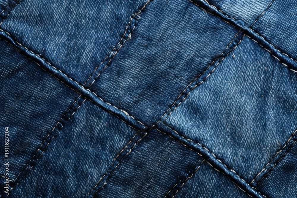 Fototapeta premium Blue indigo denim fabric creating a quilted pattern with visible stitching