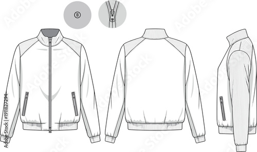 White bomber jacket with gray accents and stripes striped sleeves zippered pockets mock neck
