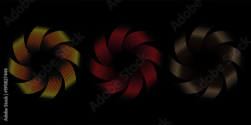 orange, red, and brown metal circle frames 3d vector realistic illustration. First, second and third place medals or buttons isolated on black background. Certified. Quality blank, empty badge set.