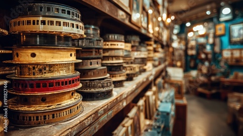 Vintage Film Reels Stacked on Dusty Wooden Shelves in an Old Shop.