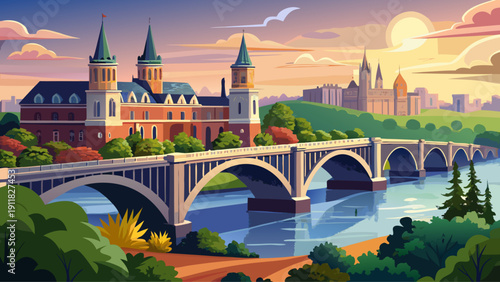 Very beautiful Key Bridge at Georgetown University in Washington DC crossing the Potomac River, with sunlight reflecting on water and historic campus buildings in the background.