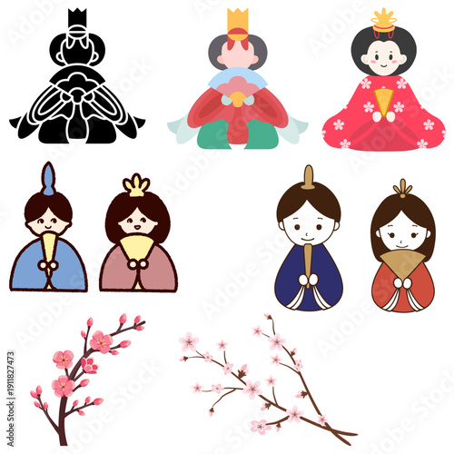 Adorable collection of traditional Japanese Hina dolls representing the imperial court figures and spring cherry blossoms on transparent background