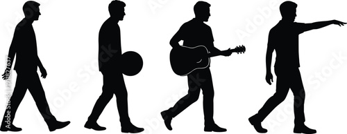Walking guitarist silhouette set, musician lifestyle poses with guitar, creative people outline vector pack for music poster design