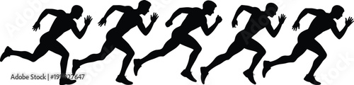 Sprint runner silhouette set, running athlete motion poses, active fitness jogging outline vector pack for sport training poster design