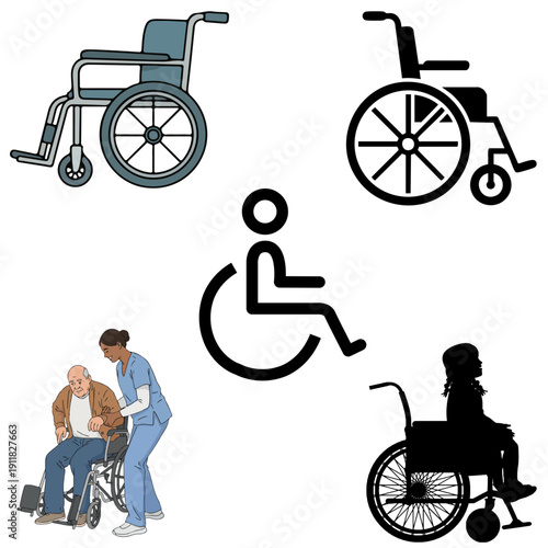 Nurse assisting elderly man into a wheelchair with a separate mobility device depicted above on transparent background