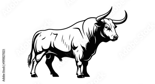 Powerful Bull Illustration Standing Strong with Large Horns.