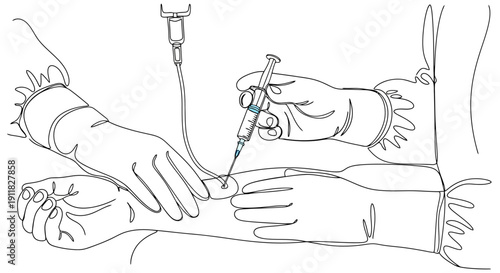 Medical professional administering injection to patients arm.