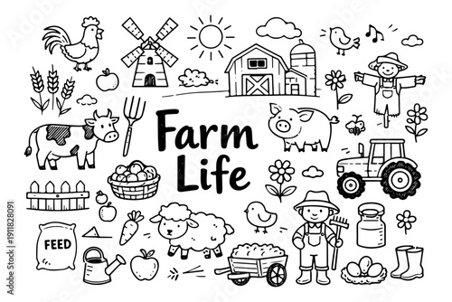 Farm life doodle set, hand drawn agricultural symbols, domestic animals and village landmarks in line art style