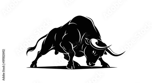 Powerful Black Bull Silhouette Charging Forward Aggressively.
