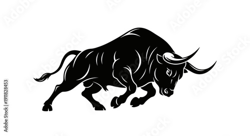 Powerful Black Bull Silhouette Charging Forward Aggressively.