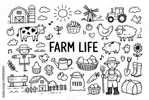 Farm life doodle set, hand drawn agricultural symbols, domestic animals and village landmarks in line art style