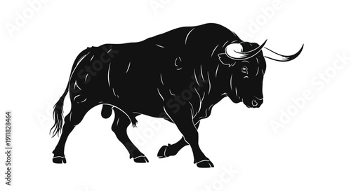 Powerful Black Bull Silhouette Walking Forward.