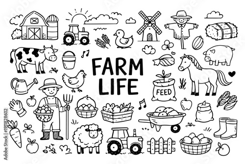 Farm life doodle set, hand drawn agricultural symbols, domestic animals and village landmarks in line art style