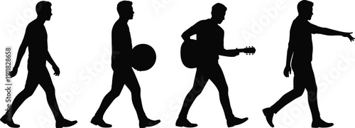 Walking musician silhouette set, guitar player and lifestyle poses, creative people outline vector pack for music poster design