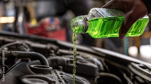 Mechanic performing routine car maintenance, refilling green coolant fluid into the vehicle's engine reservoir for optimal cooling system performance and protection