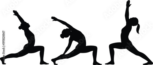 Yoga stretching silhouette set, female warrior pose exercises, mindfulness fitness outline vector pack for wellness training poster design