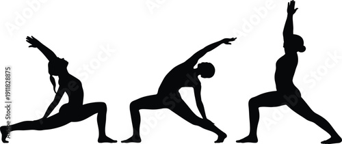 Yoga warrior pose silhouette set, female stretching exercise positions, mindfulness fitness outline vector pack for wellness training design