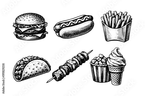Vintage american fast food engraving set, antique snacks sketch in woodcut style