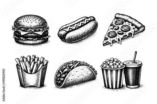 Vintage american fast food engraving set, antique snacks sketch in woodcut style