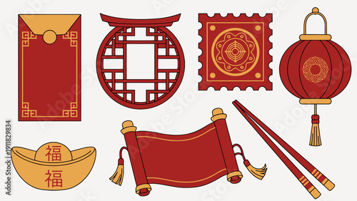 Chinese Lunar New Year Vector Icon Set Featuring Red Envelope, Lantern, Gold Ingot, Scroll, Window Grille, and Chopsticks for Spring Festival Traditional Decoration Elements.