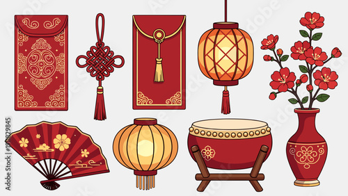 Traditional Lunar New Year Vector Elements Collection with Chinese Knots, Red Lanterns, Plum Blossom Vase, Drums, and Lucky Money Envelopes for Asian Spring Festival Ornament Design.