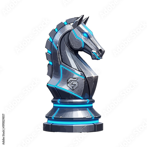 Elegant Robotic Chess Knight Piece with Blue Glowing Lines on Isolated White Background