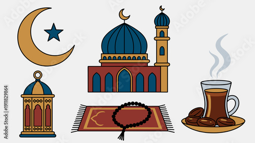 Traditional Color Ramadan Vibes Vector Clipart Set Featuring Mosque Lantern Prayer Rug with Beads and Hot Tea with Dates for Iftar Fasting Celebration Banner Design