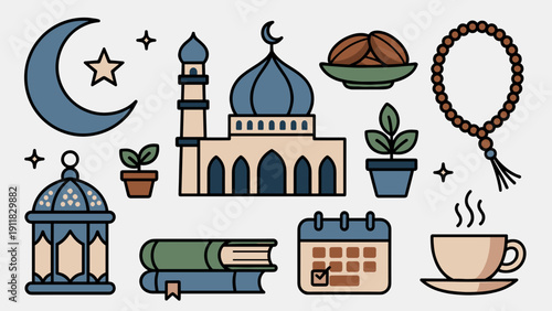 Modern Flat Ramadan Vibes Vector Icons Set with Pastel Blue Mosque Calendar Dates Prayer Beads and Lantern for Islamic Fasting Month Planner and Greeting Card Design