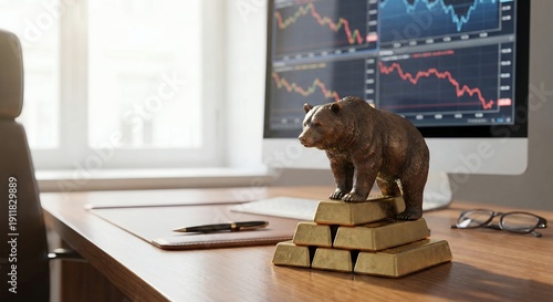 Financial market concept featuring bull and bear statues, stock charts, and a businessman analyzing data.