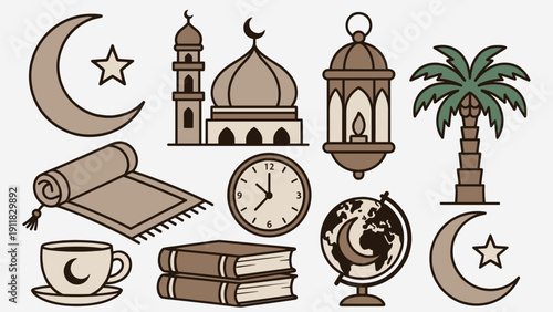 Earth Tone Ramadan Vibes Vector Element Set Including Palm Tree Mosque Clock Globe and Rolled Rug for Vintage Aesthetic Traditional Islamic Holiday Decoration and Banner